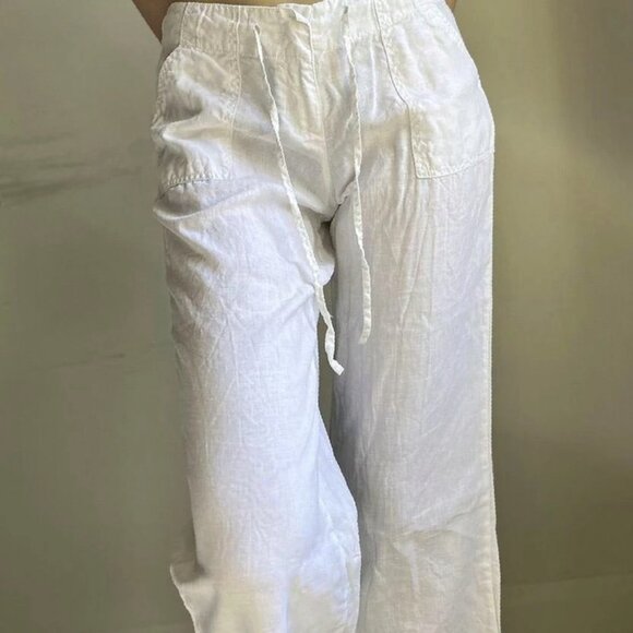 white lace up drawstring linen Boho chic wide leg trousers - Picture 1 of 4
